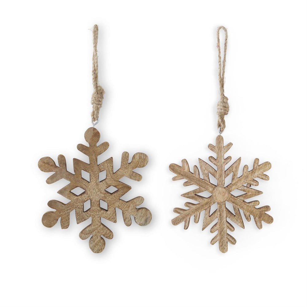 Two wooden snowflake ornaments with natural grain and jute string hangers.