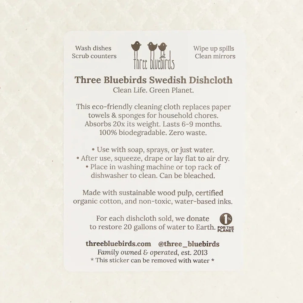 Product informational label for an eco-friendly Three Bluebirds Swedish Dishcloth.