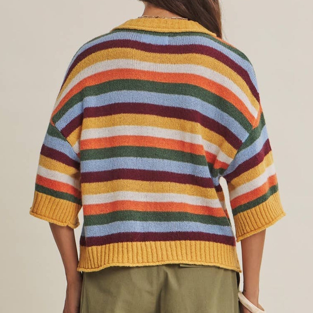 Back view of a multi-colored horizontal striped knit sweater with short sleeves and mustard yellow trim.