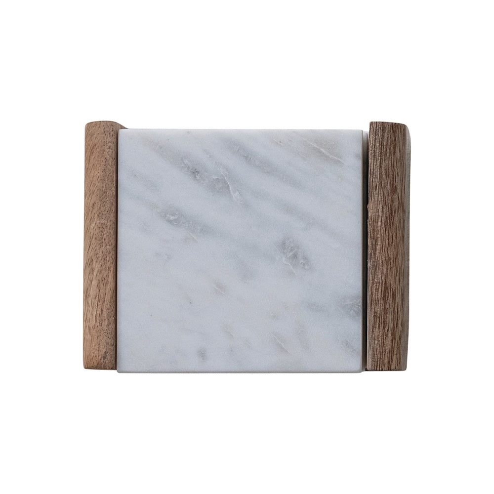 Top-down view of white marble coasters with grey veining in a rustic mango wood holder on white background.