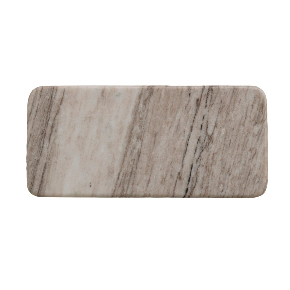 A rectangular marble tray with beige and brown veining on a solid white background.