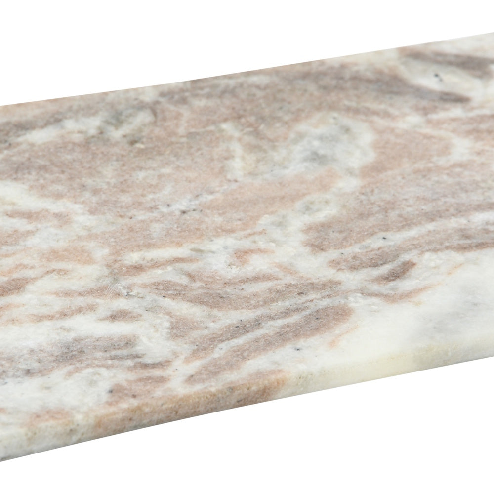 Close-up of a pink, beige, and white swirled marble board on a white background.
