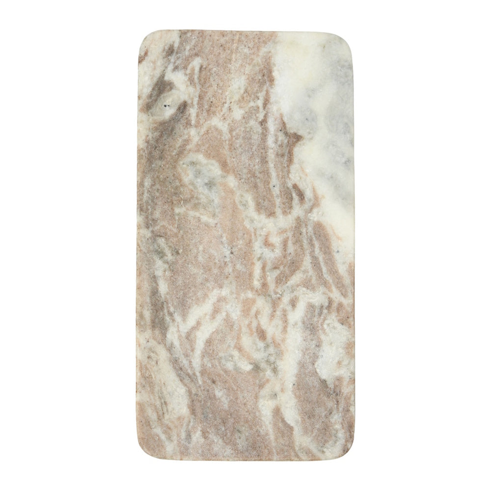 A rectangular marble board with rounded corners, featuring white, beige, and brown veining on a white background.