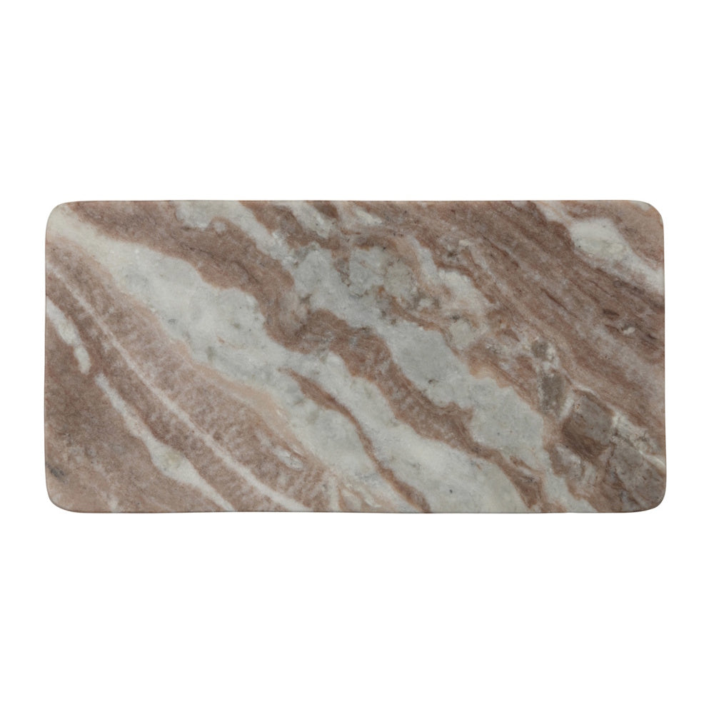 Top-down view of a rectangular marble board with striking pink, beige, and white veining.