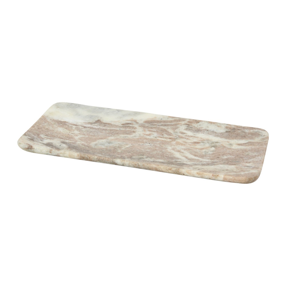 A rectangular marble serving board with rounded corners, featuring pink and grey veining on a white background.