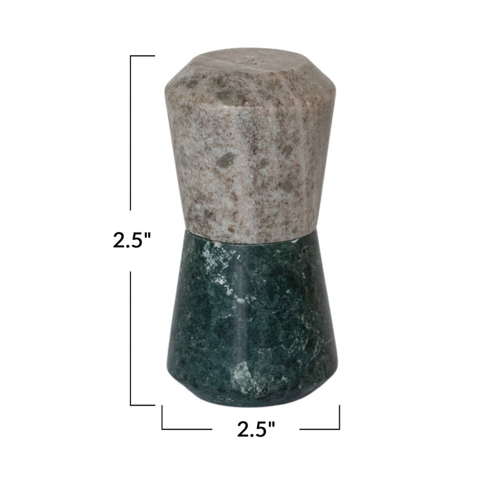 Stacked beige and dark green marble salt and pepper shakers measuring 2.5 inches high by 2.5 inches wide.