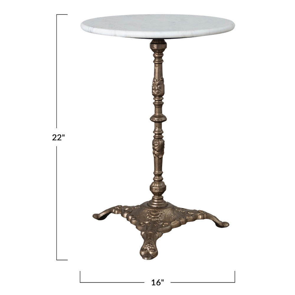 Dimensions for round marble top side table with decorative cast iron pedestal base.