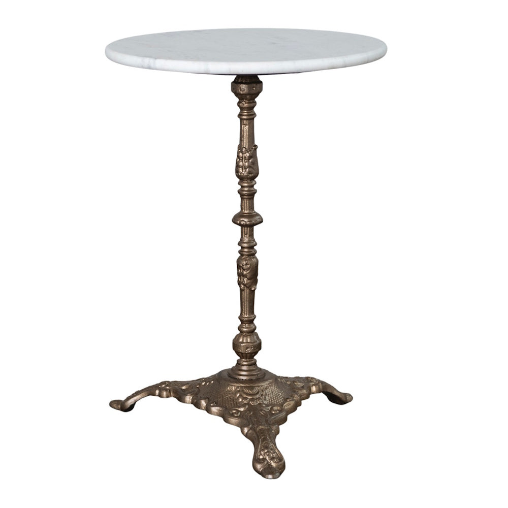 Round white marble top side table with an ornate cast iron pedestal base.