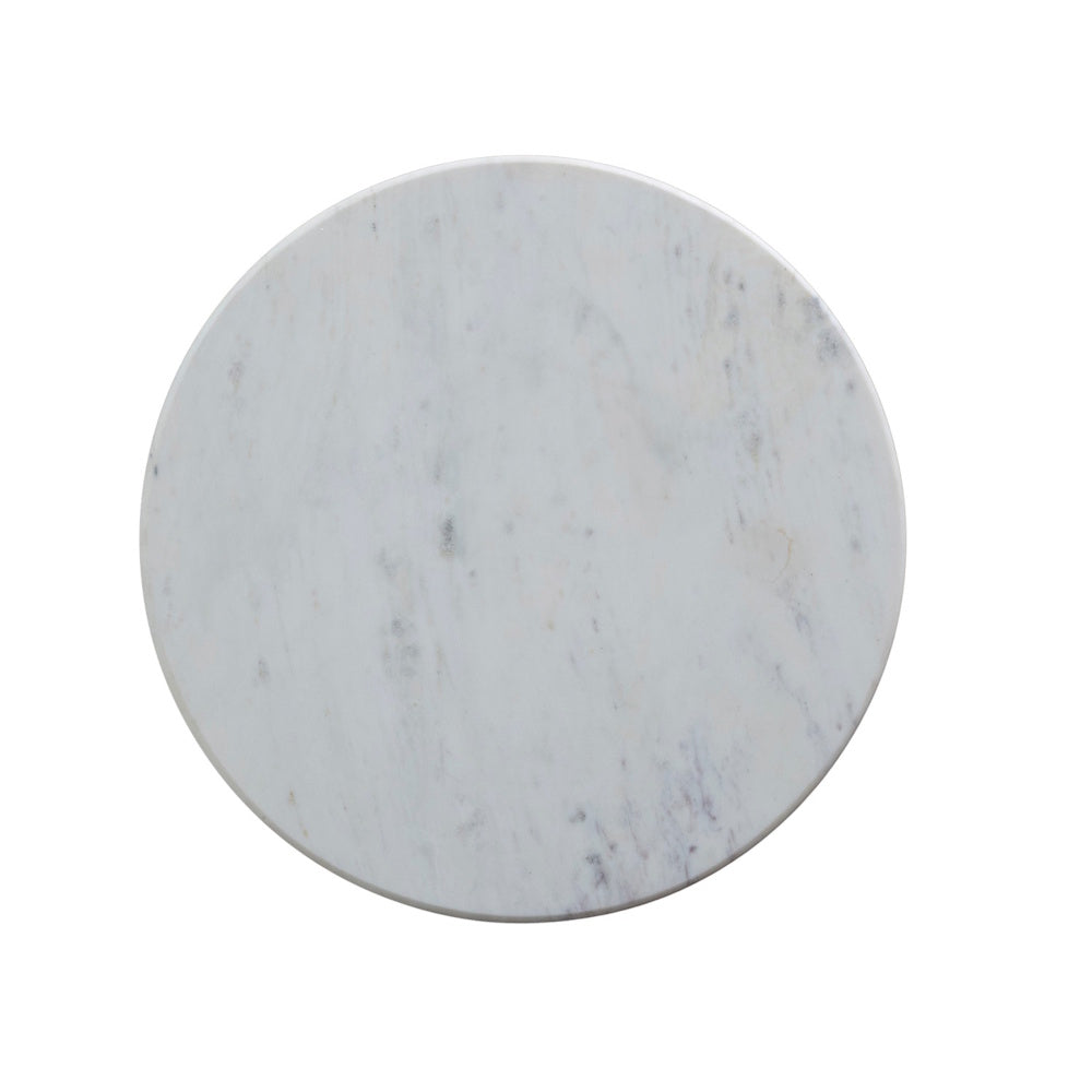 Top-down view of a round white marble tabletop with natural grey veining.