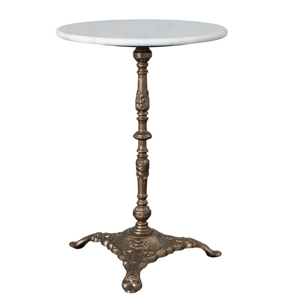 Round white marble top side table with an ornate antique brass cast iron pedestal base.