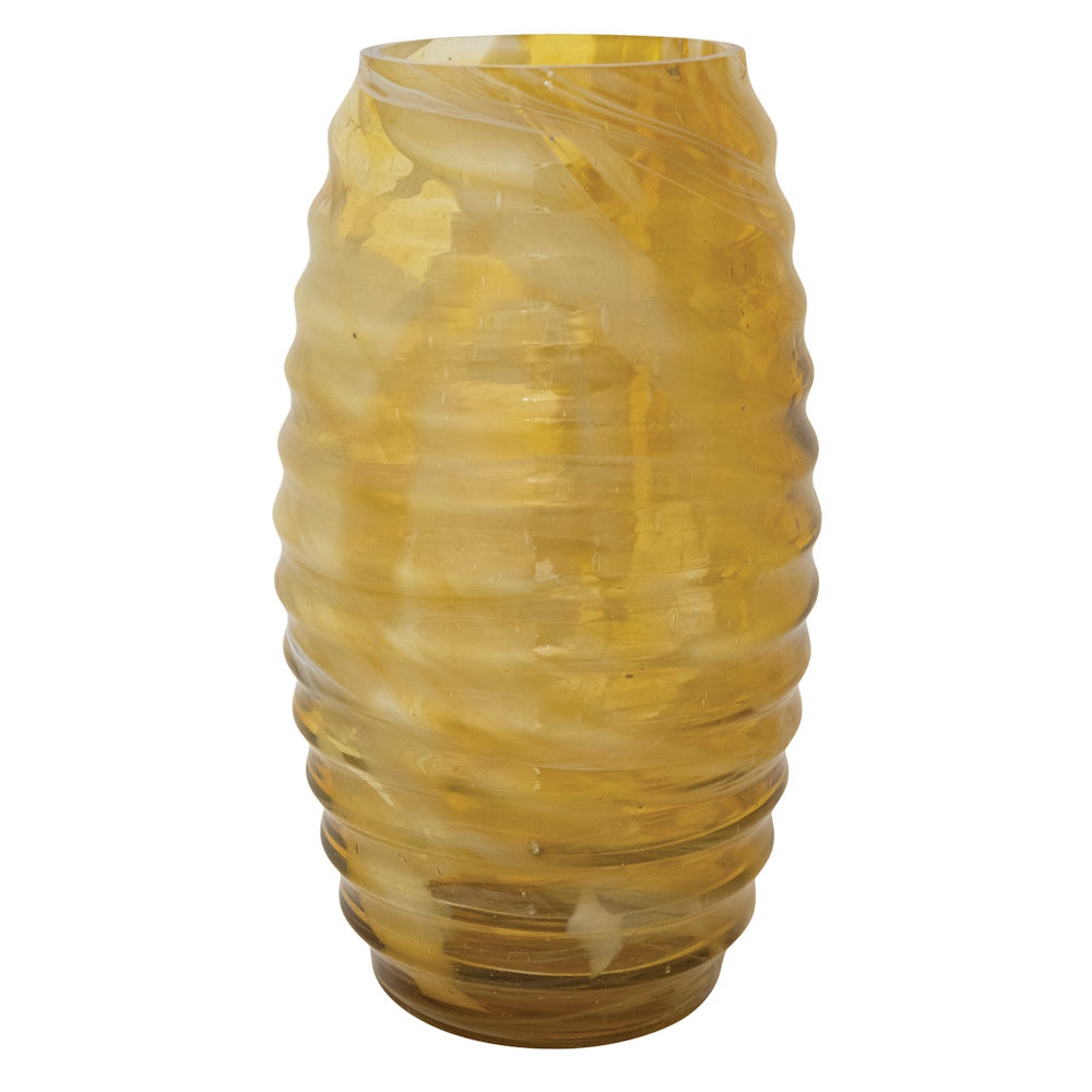 Ribbed amber glass vase with a marbled, textured pattern on a white background.