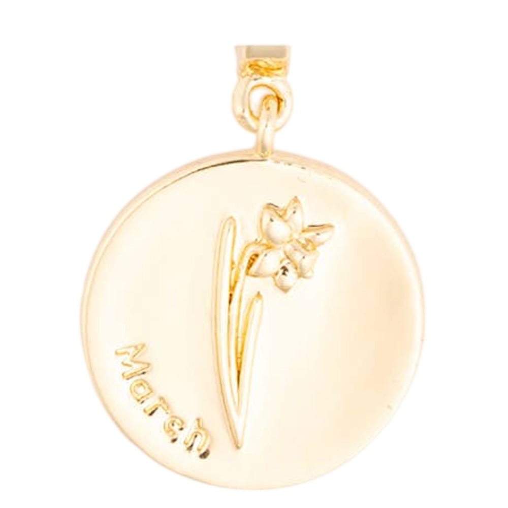 Round gold pendant charm featuring an engraved daffodil flower and the word "March".