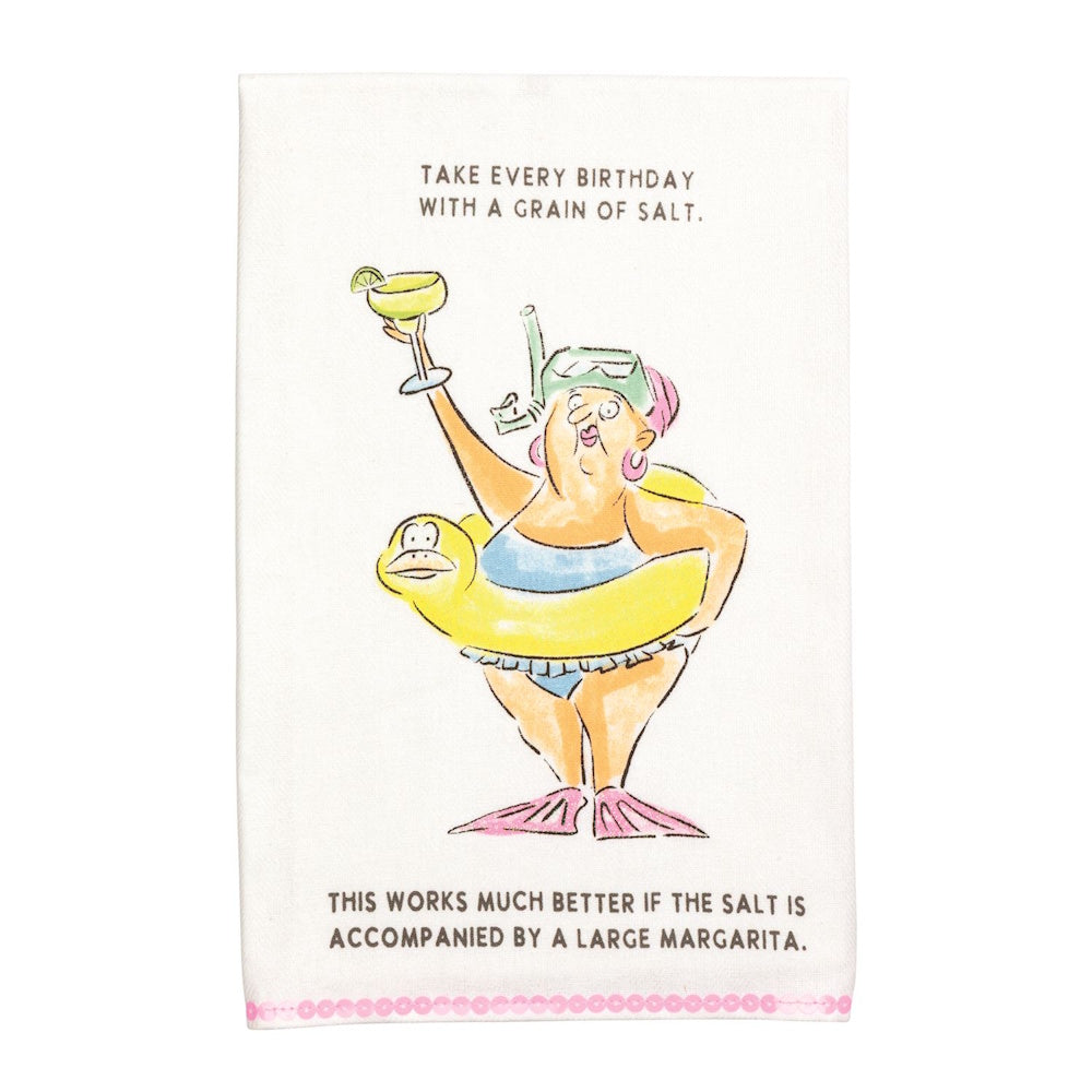 Cartoon towel of woman with snorkel and duck float holding margarita with birthday salt quote.