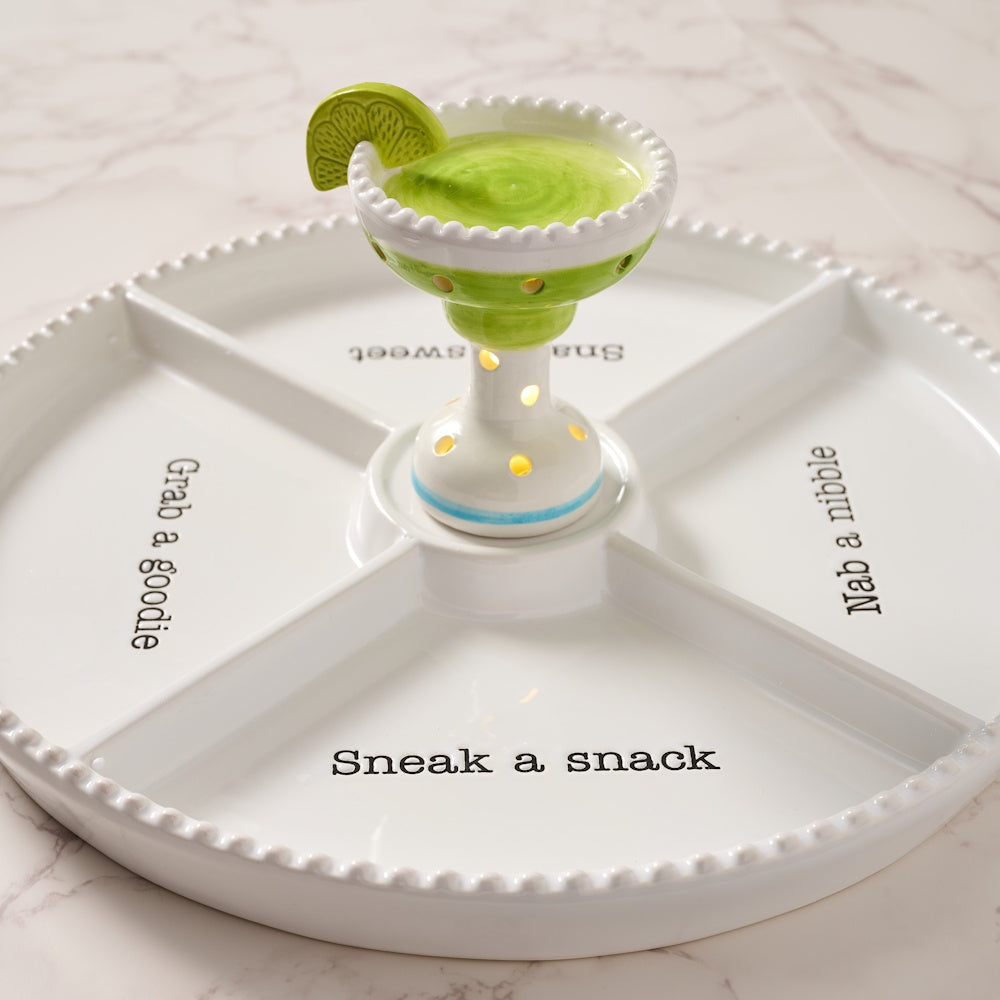 Ceramic margarita-themed divided serving tray with four sections and a center light-up margarita glass figurine.