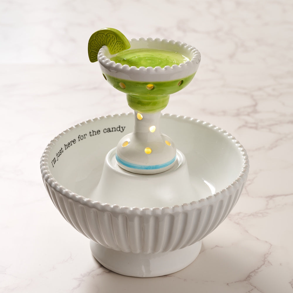 Ceramic margarita glass candy bowl with light-up base and lime wedge. Text reads, "I'm just here for the candy."