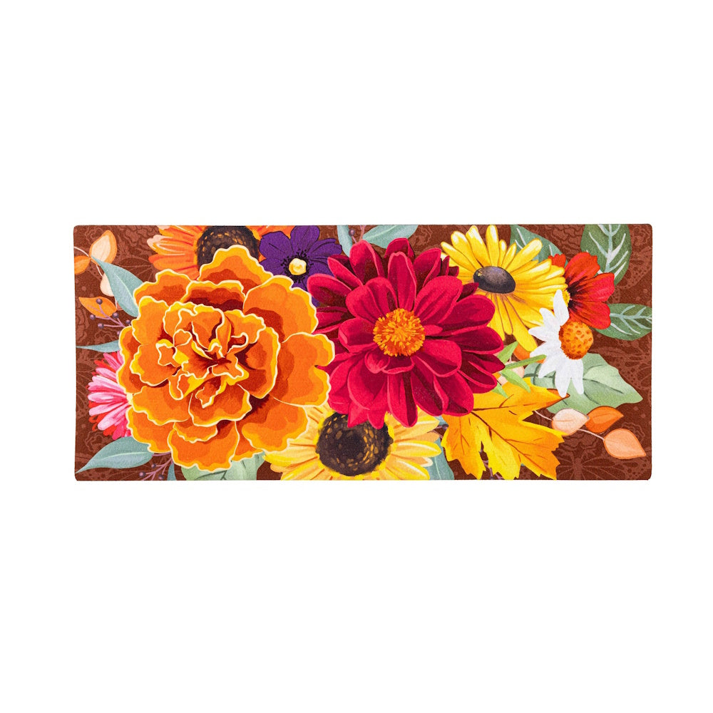 Colorful autumn floral door mat insert featuring bright orange marigolds, red dahlias, and yellow sunflowers on brown.