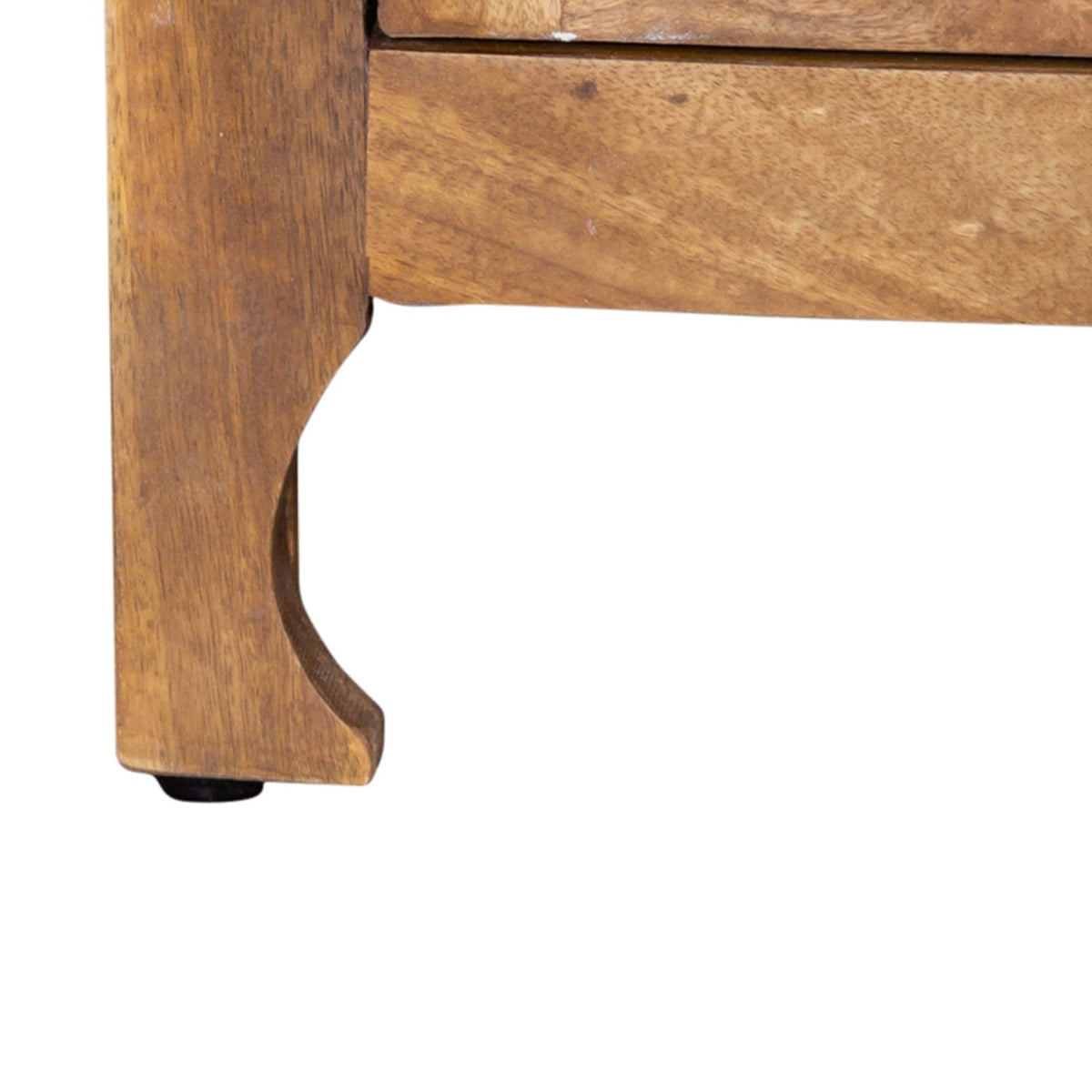 Close up of carved mango wood TV stand base with curved leg and natural brown finish.