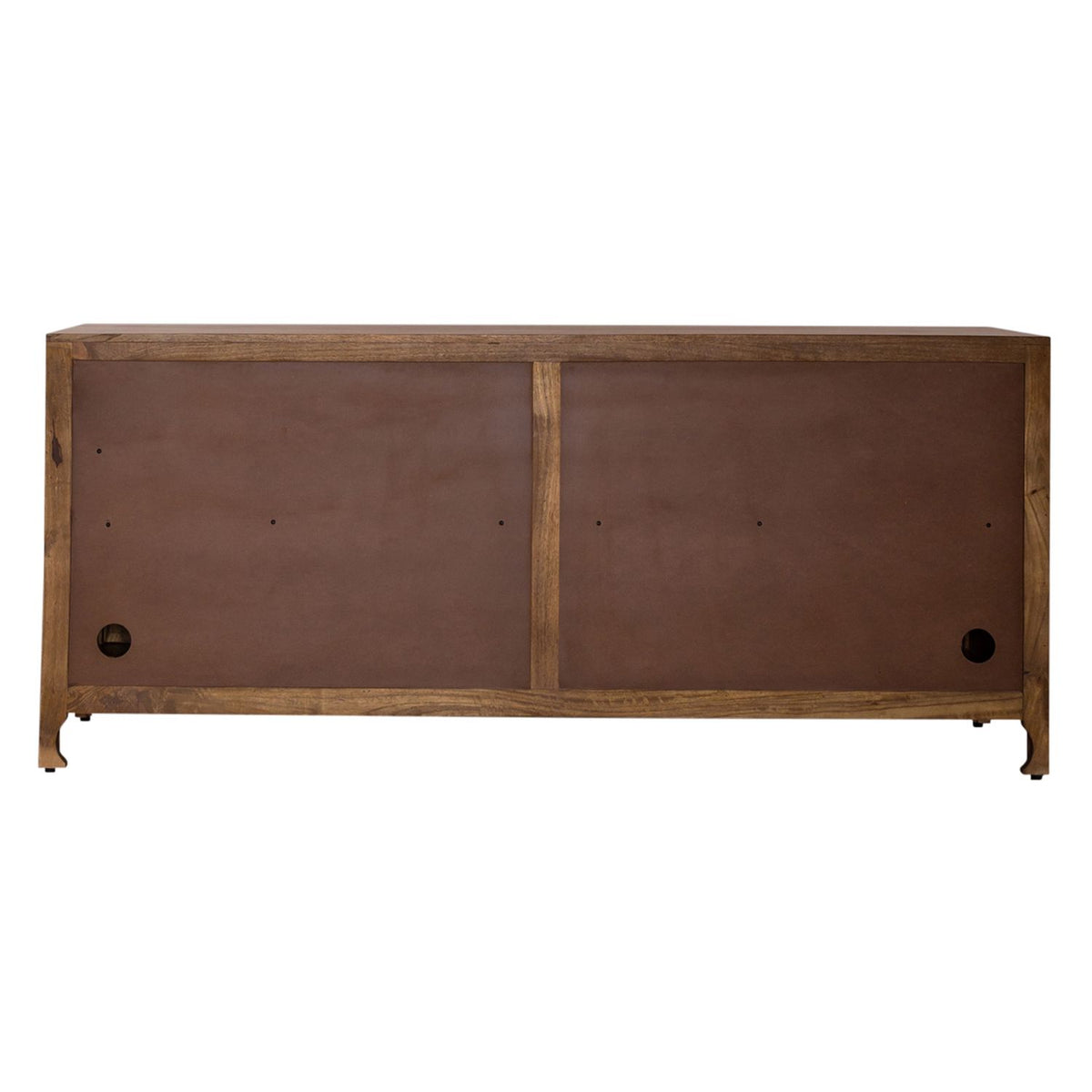 Back view of mango wood 4 door TV stand with cable holes, support panel and curved legs.