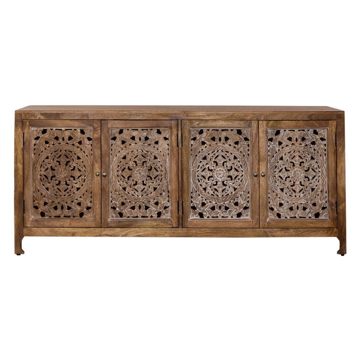 Mango wood 4 door TV stand front view with ornate carved floral panels and natural brown finish.