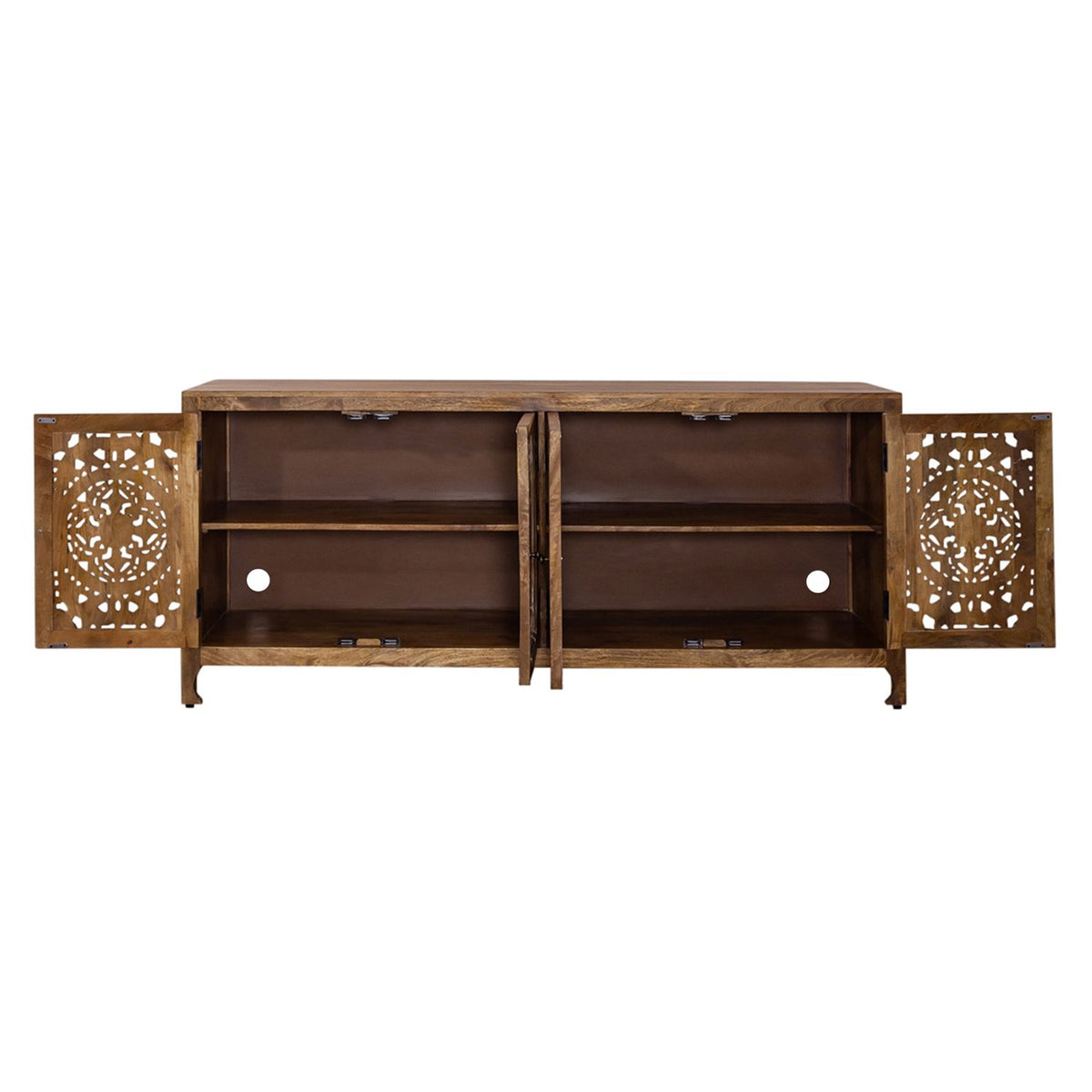 Open mango wood 4 door TV stand with carved cabinet doors, interior shelves and cable holes.