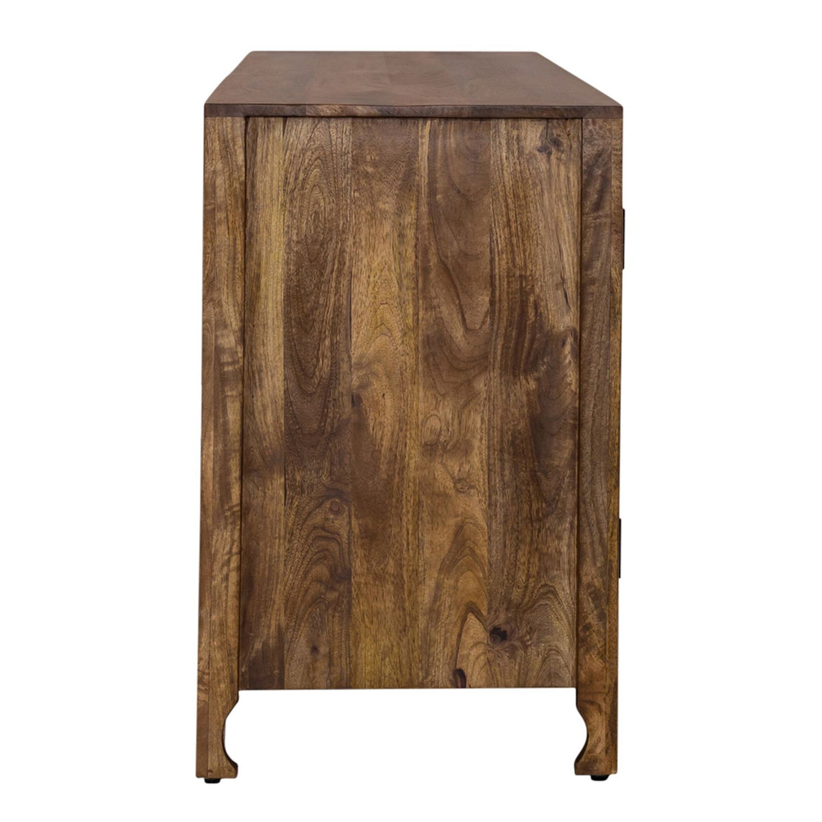 Side view of mango wood TV stand showing natural grain, solid panel and curved legs.