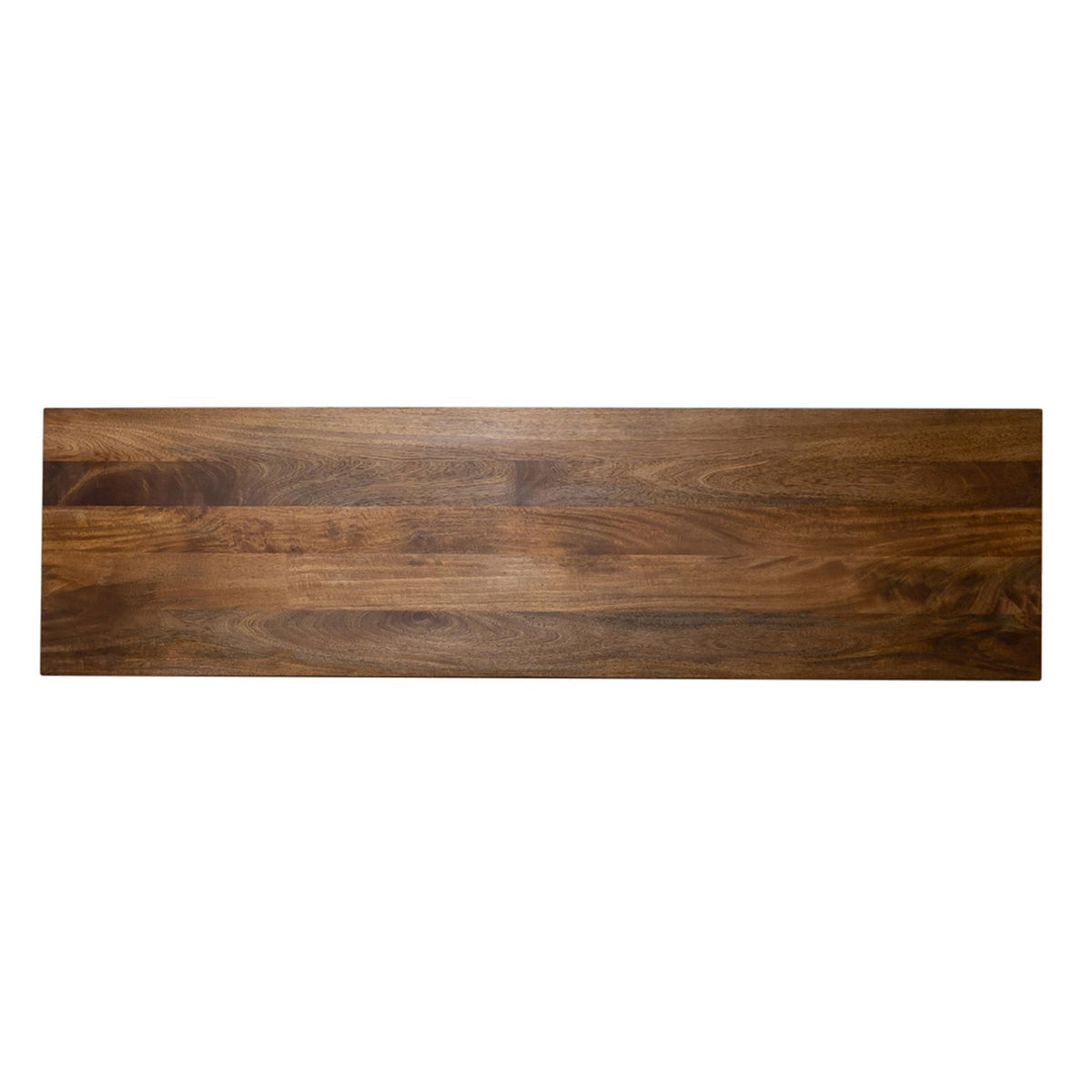 Top view of mango wood 4 door TV stand showing long rectangular surface and natural grain pattern.