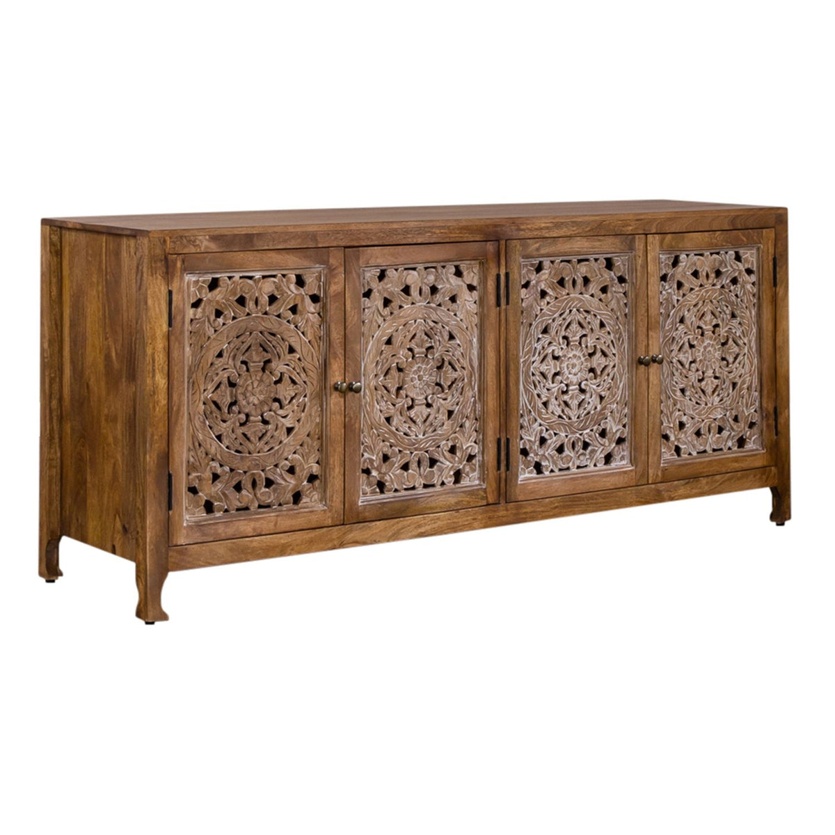 Carved mango wood 4 door TV stand with ornate floral panels and natural brown finish.