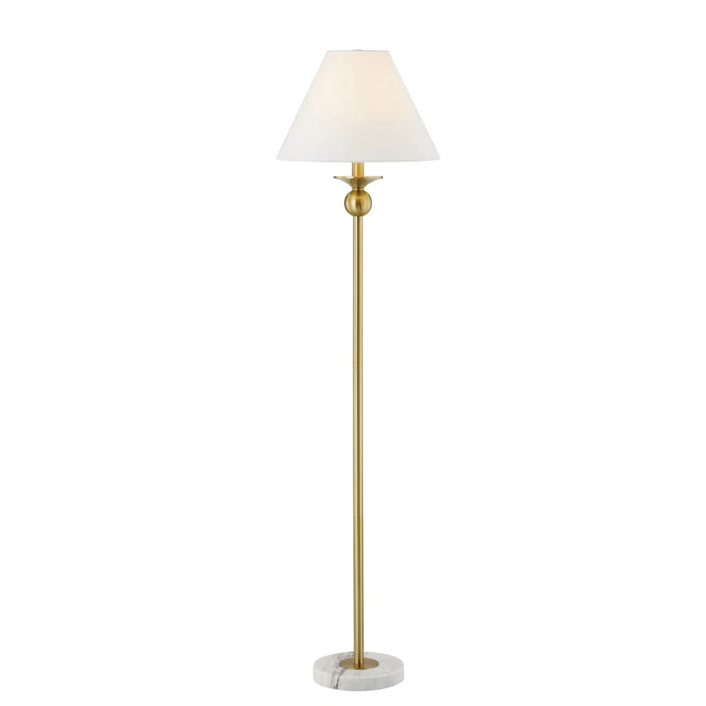 Modern gold floor lamp with white tapered shade and marble base on a white background.