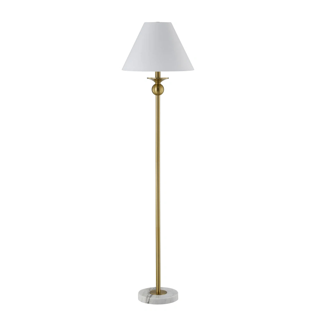 Modern gold floor lamp with a white tapered fabric shade and a round marble base on a white background.