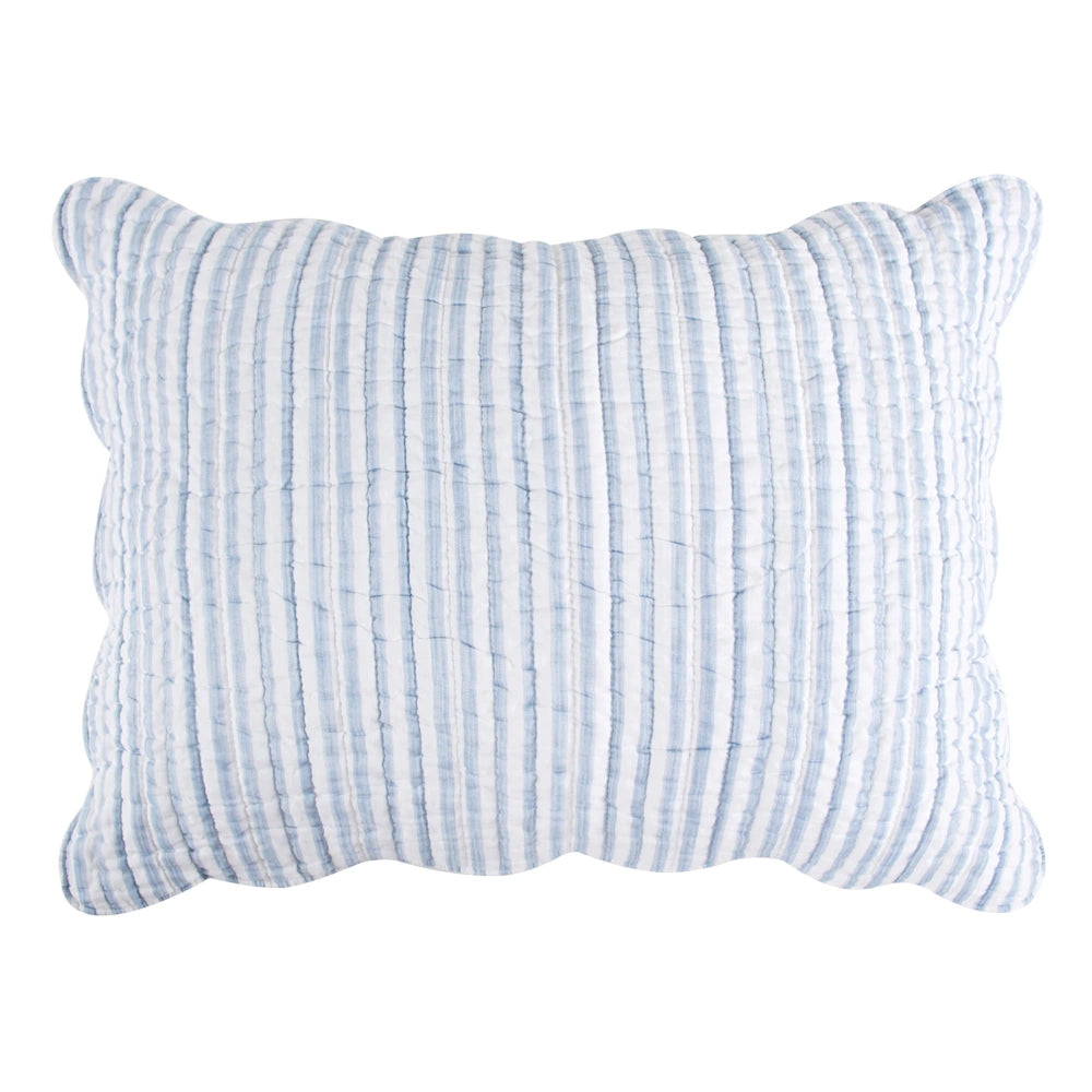 Rectangular light blue and white striped quilted pillow sham with scalloped edges on a white background.