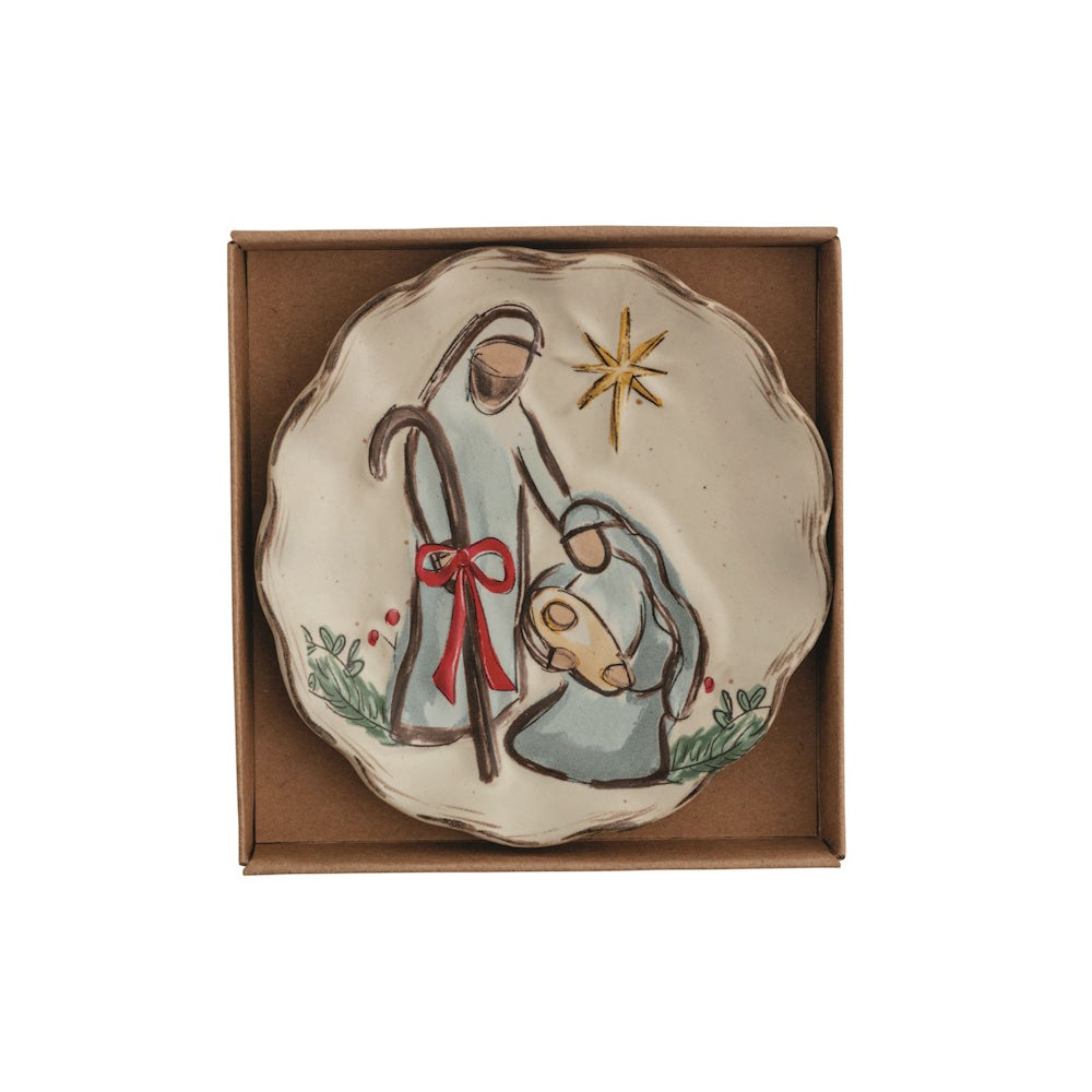 Ceramic tidbit plate in a gift box illustrating Joseph, Mary, and baby Jesus under a star.