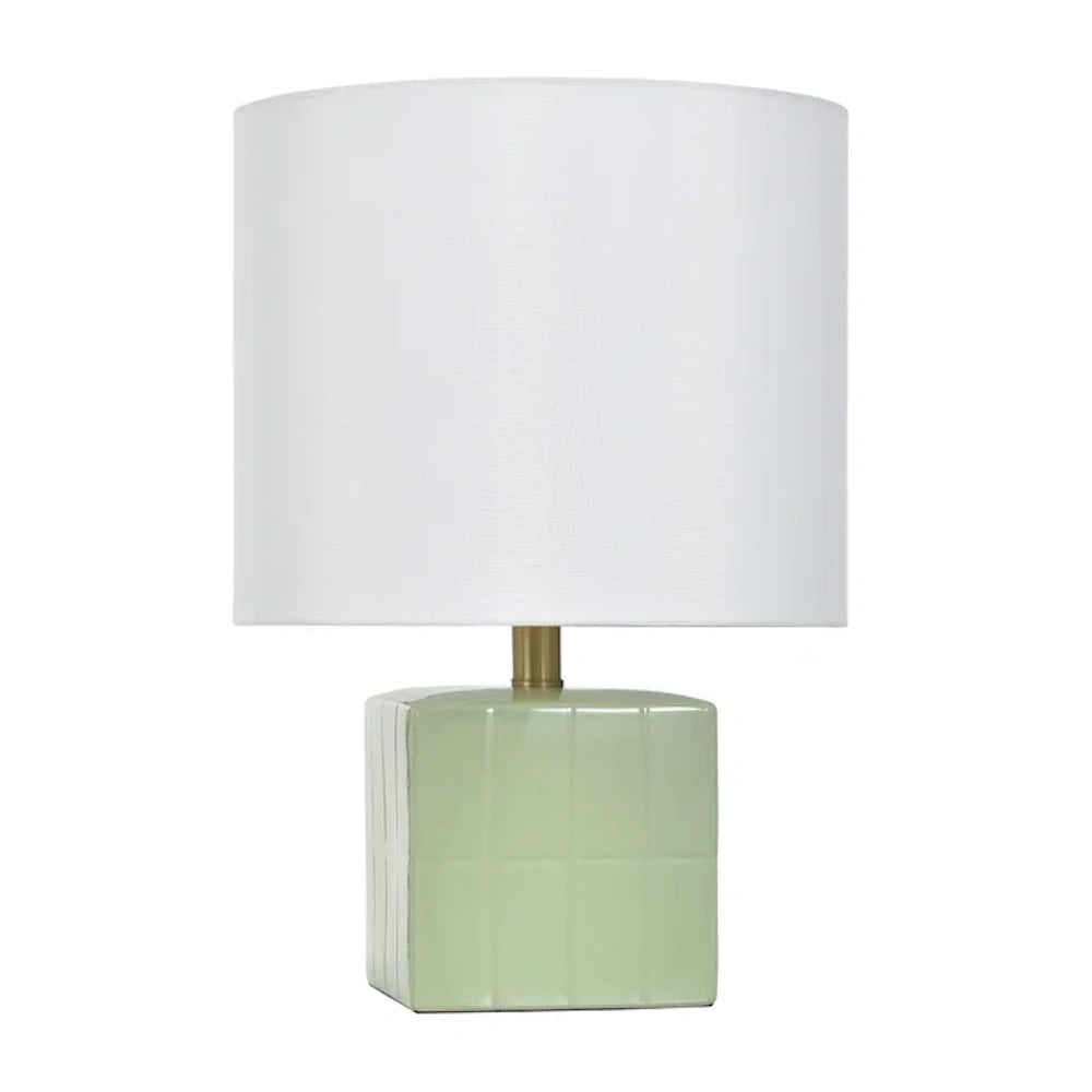 Matilda mint green ceramic accent lamp by Tamara Day featuring a square textured base and a white cylindrical drum shade.