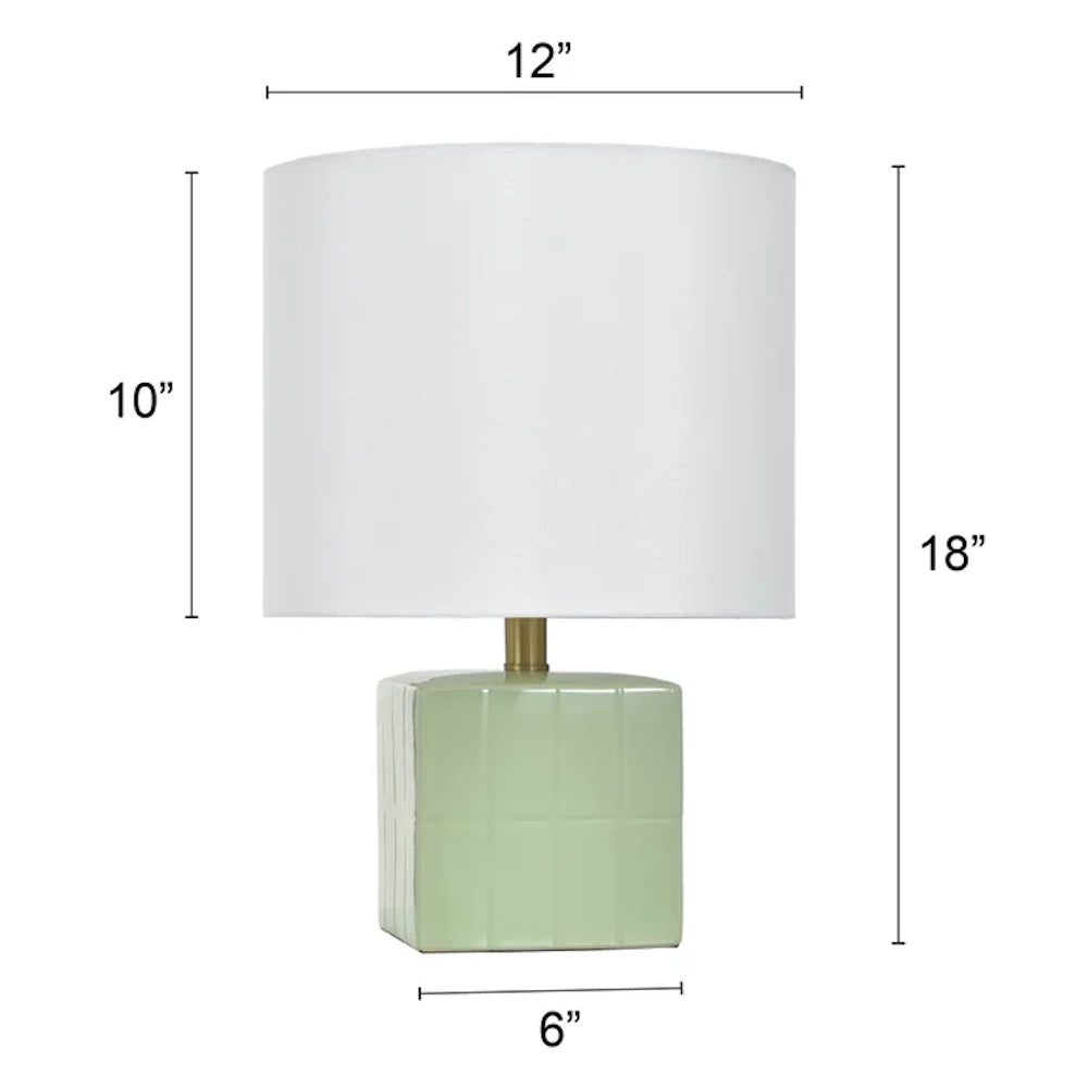 Matilda mint accent lamp dimensions: 18" total height, 12" shade width, 10" shade height, and 6" square ceramic base.