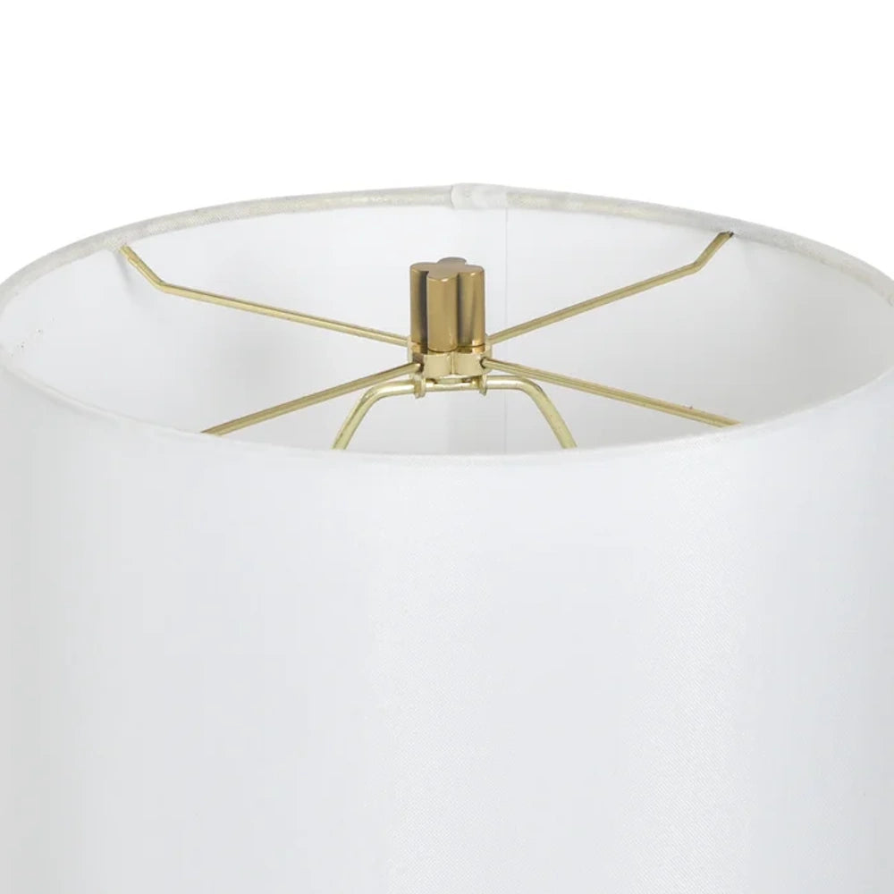 Interior view of a white drum lampshade featuring a gold spider fitter and flower-shaped finial.