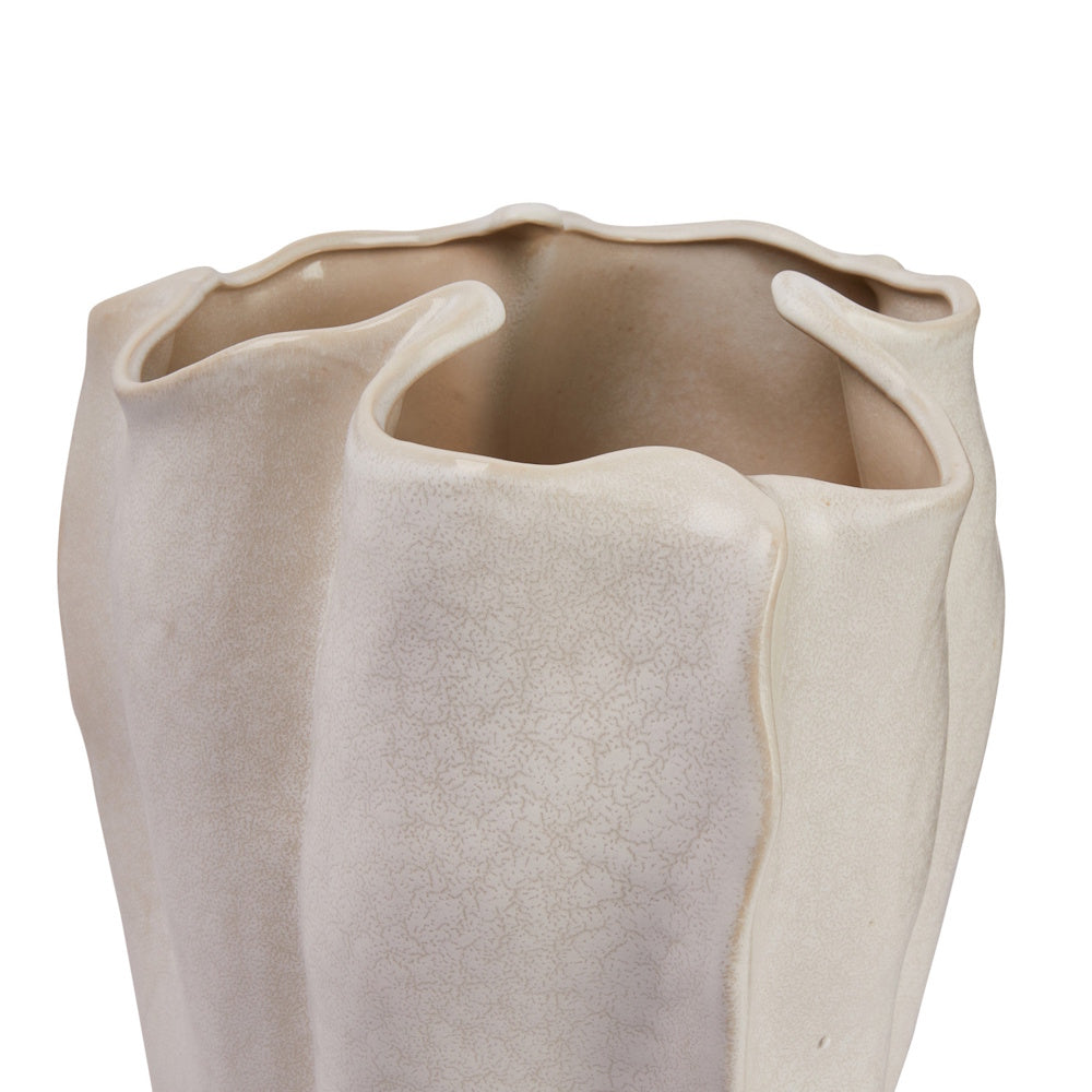 Close-up of a matte cream ceramic vase with an organic, wavy rim and crackle glaze texture against white.
