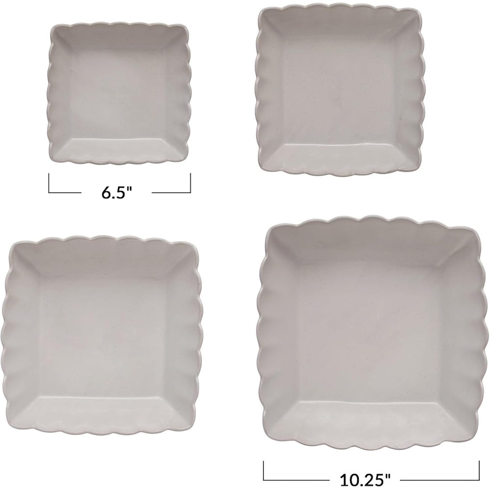 Set of 4 matte white square stoneware bowls with scalloped edges in various sizes including 6.5" and 10.25".