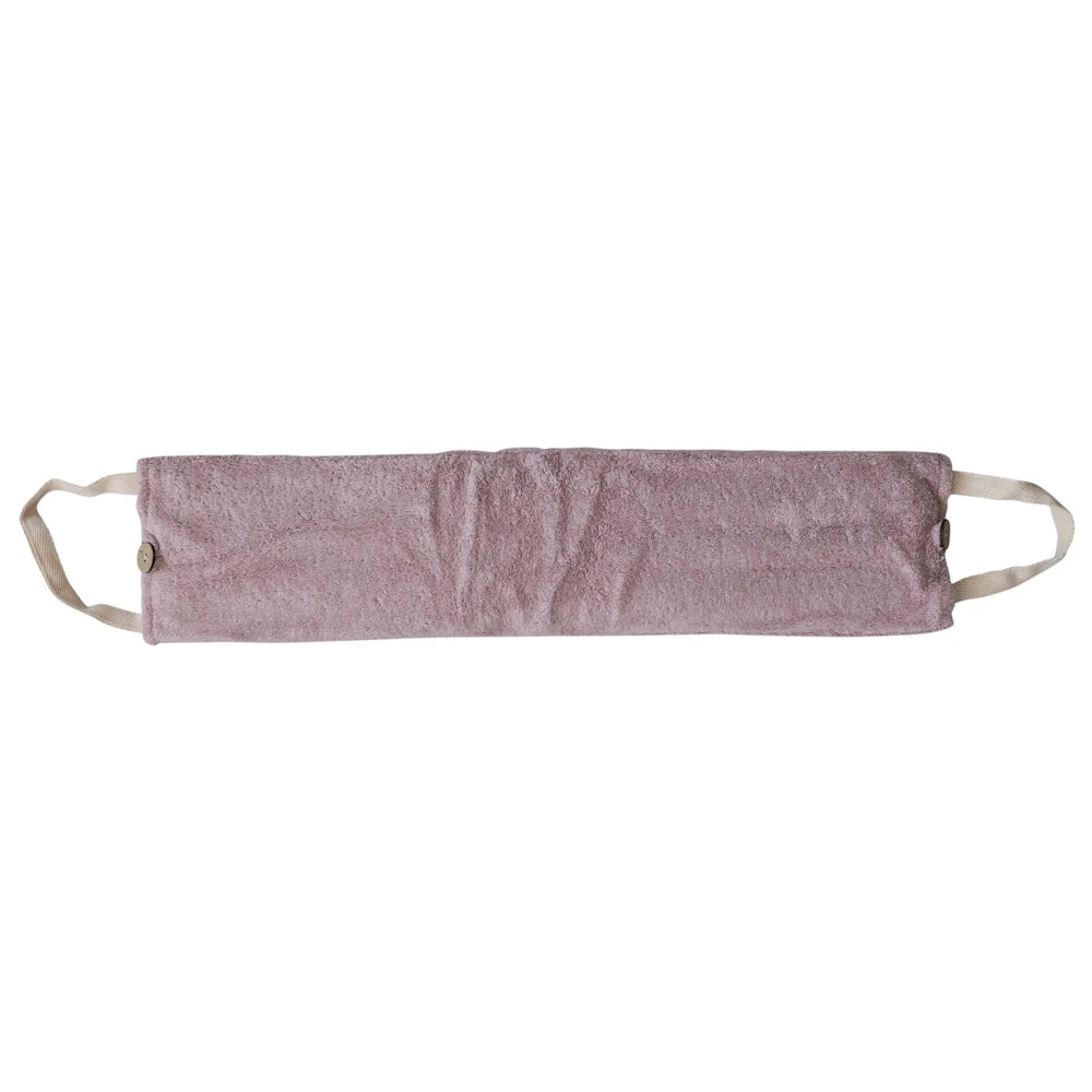 Mauve plush microwavable hot and cold neck wrap with cream handles and button detail for soothing heat therapy.