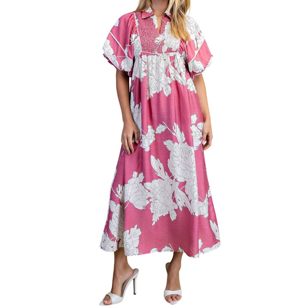 Mauve midi dress with white floral print, short puff sleeves, and a smocked bodice.