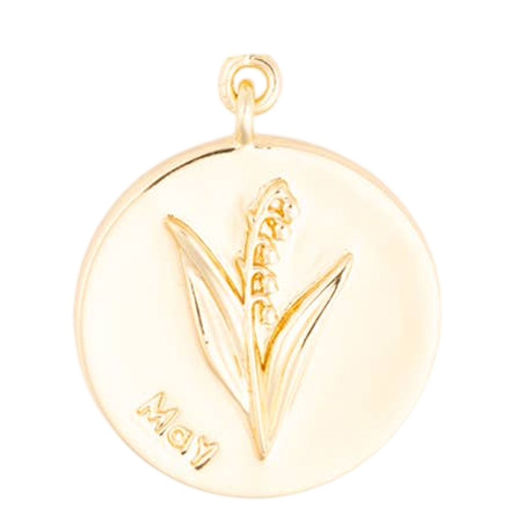 Round gold pendant charm featuring an engraved lily of the valley flower and the word "May".