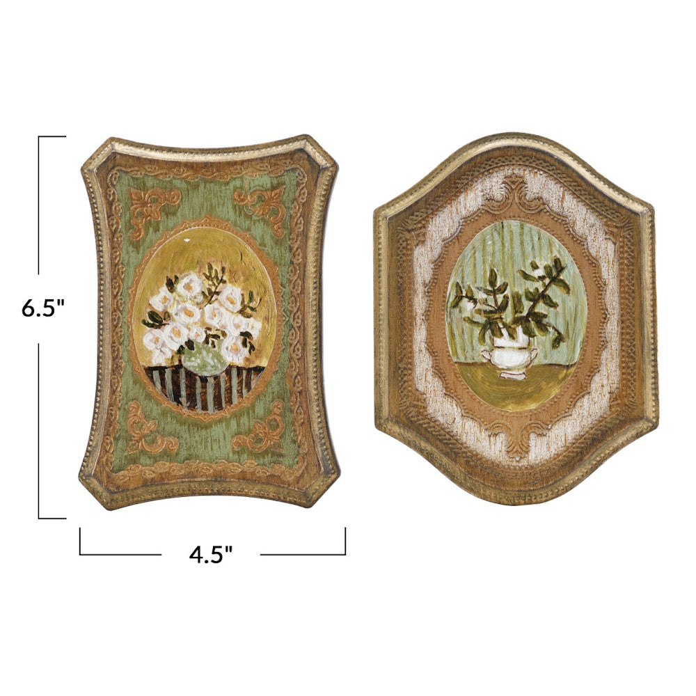 Pair of vintage style floral MDF wall decor plaques with 6.5" by 4.5" dimensions.