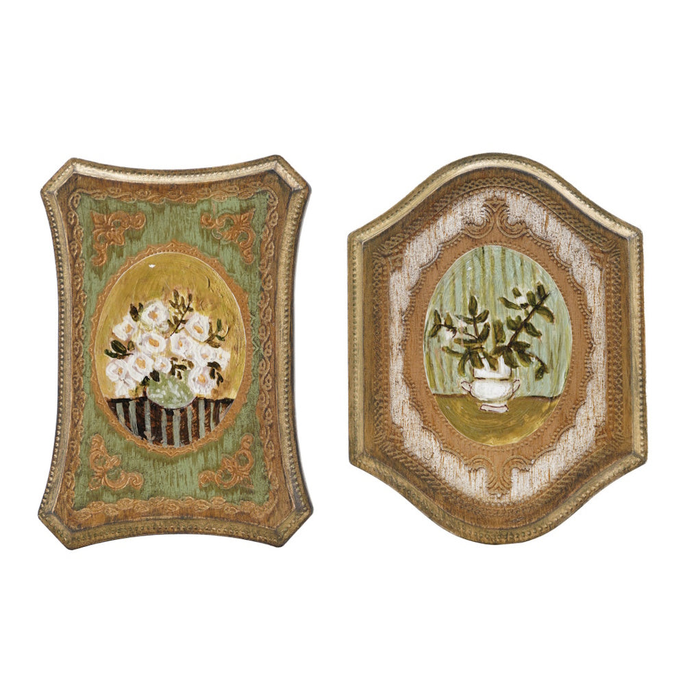 Vintage style MDF wall decor set featuring painted floral bouquets in vases with ornate gold trim borders.
