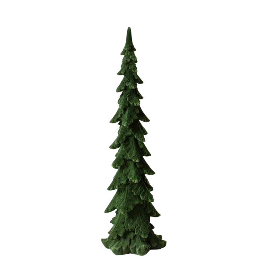 A tall, slender dark green pine tree figure with layered textured branches on a white background.