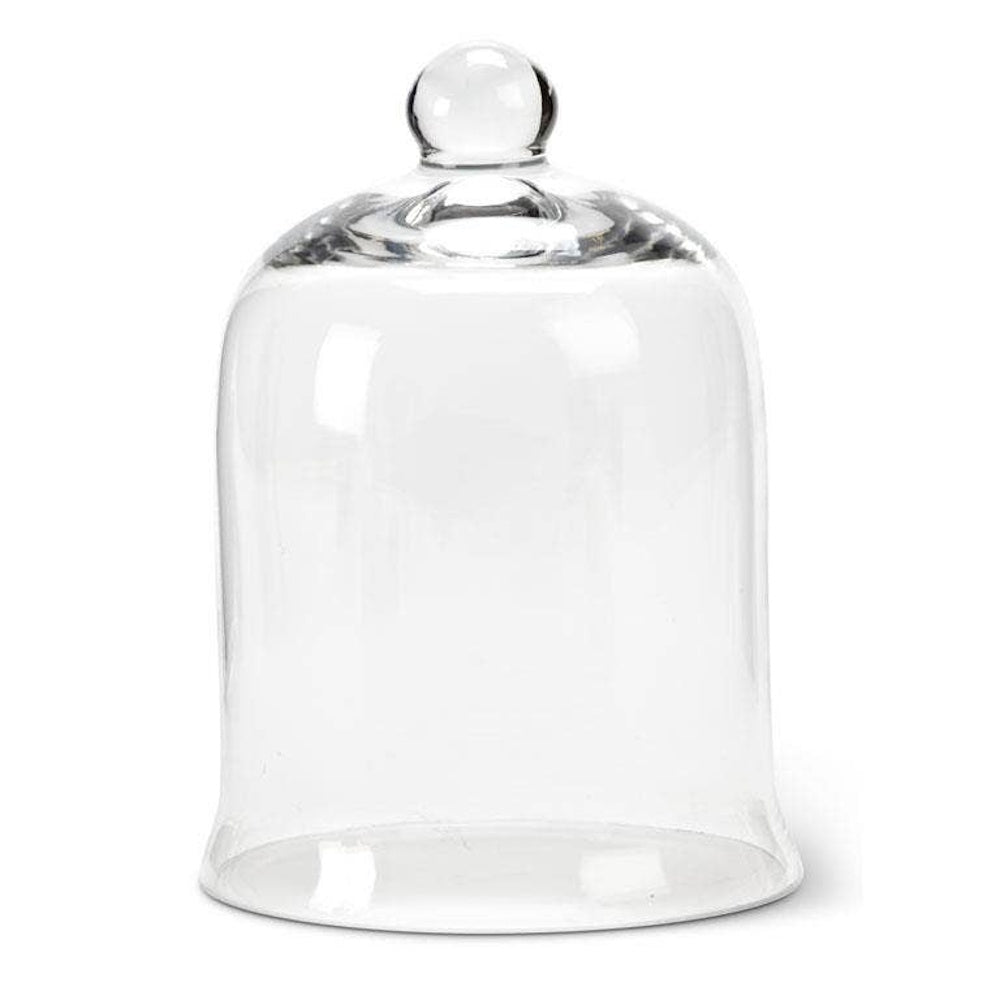 Clear glass bell-shaped cloche dome featuring a round top handle, shown on a plain white background.