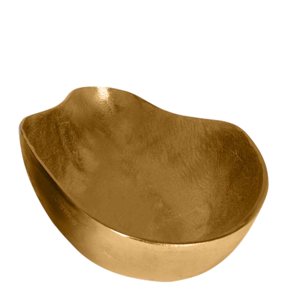 Medium-sized gold decorative tray with an organic, wavy rim and a textured metallic finish against a white background.