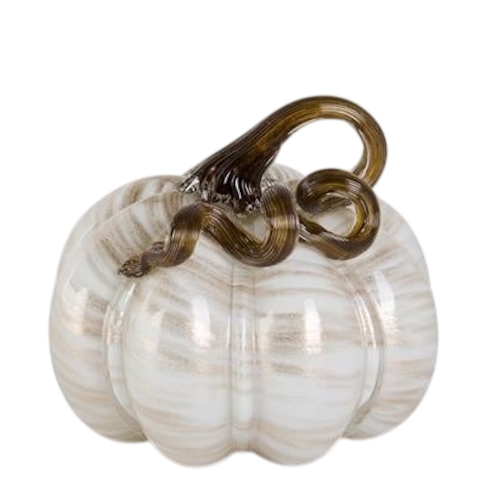 Handblown cream glass pumpkin with soft gold swirled stripes and a dark brown curled stem.