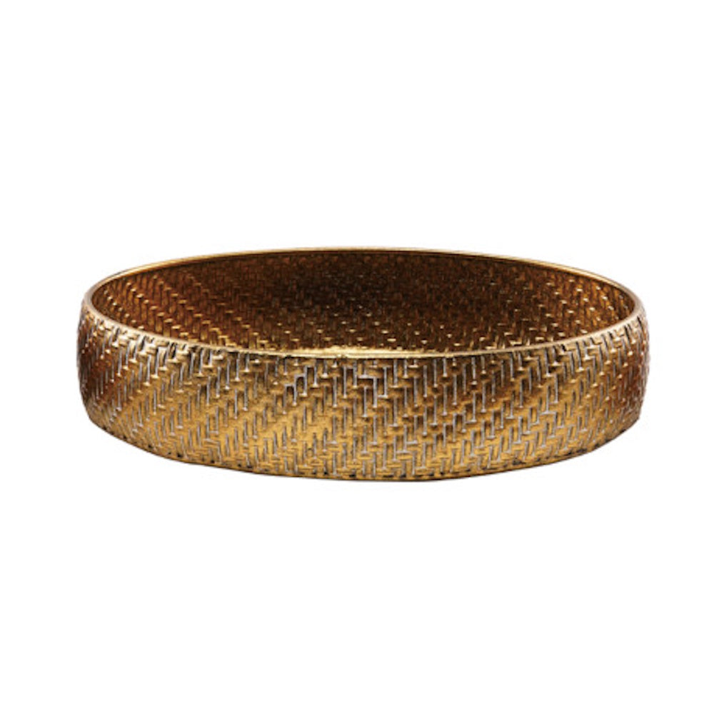 Medium round gold woven metal tray with textured basket weave pattern on white background.