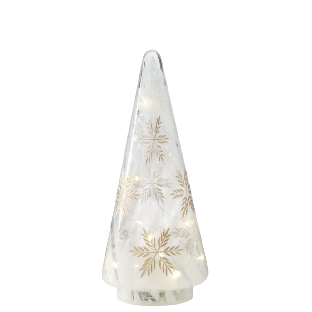 Medium frosted glass LED Christmas tree with gold-etched snowflake pattern and warm internal lighting.