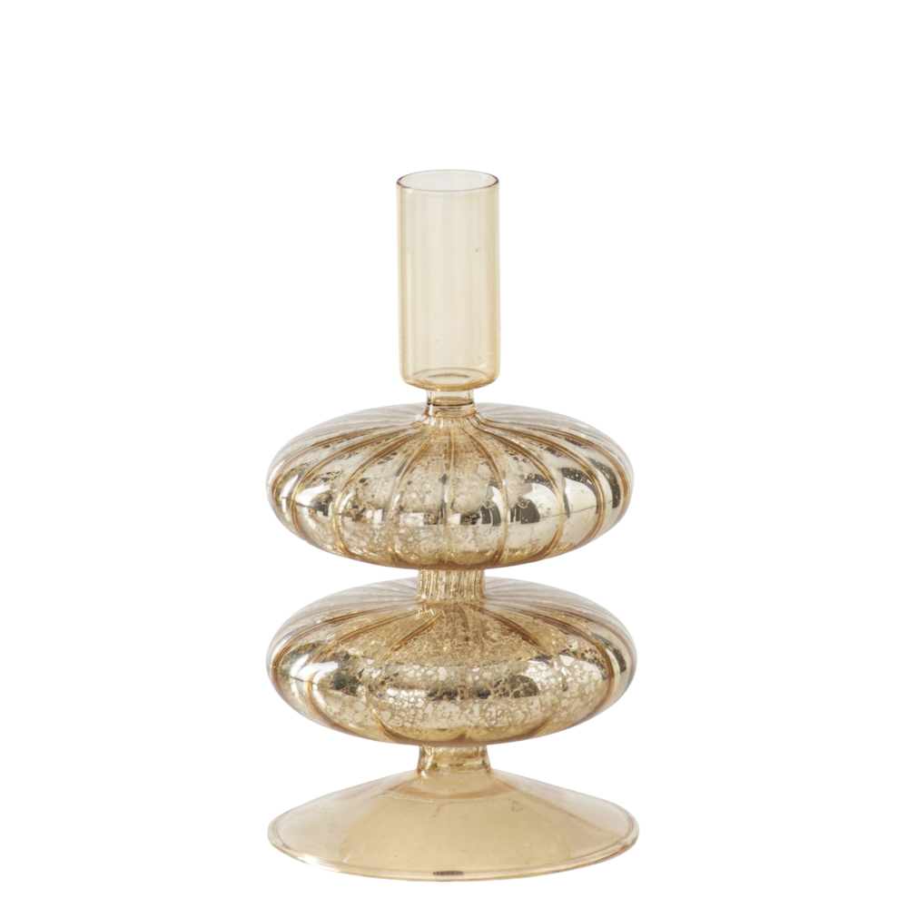 Medium gold mercury glass taper candleholder featuring two stacked ribbed bulbous sections and a cylindrical top holder.