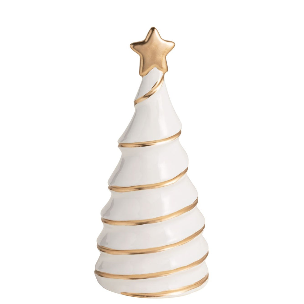 White ceramic Christmas tree decoration with metallic gold spiral trim and a star topper.