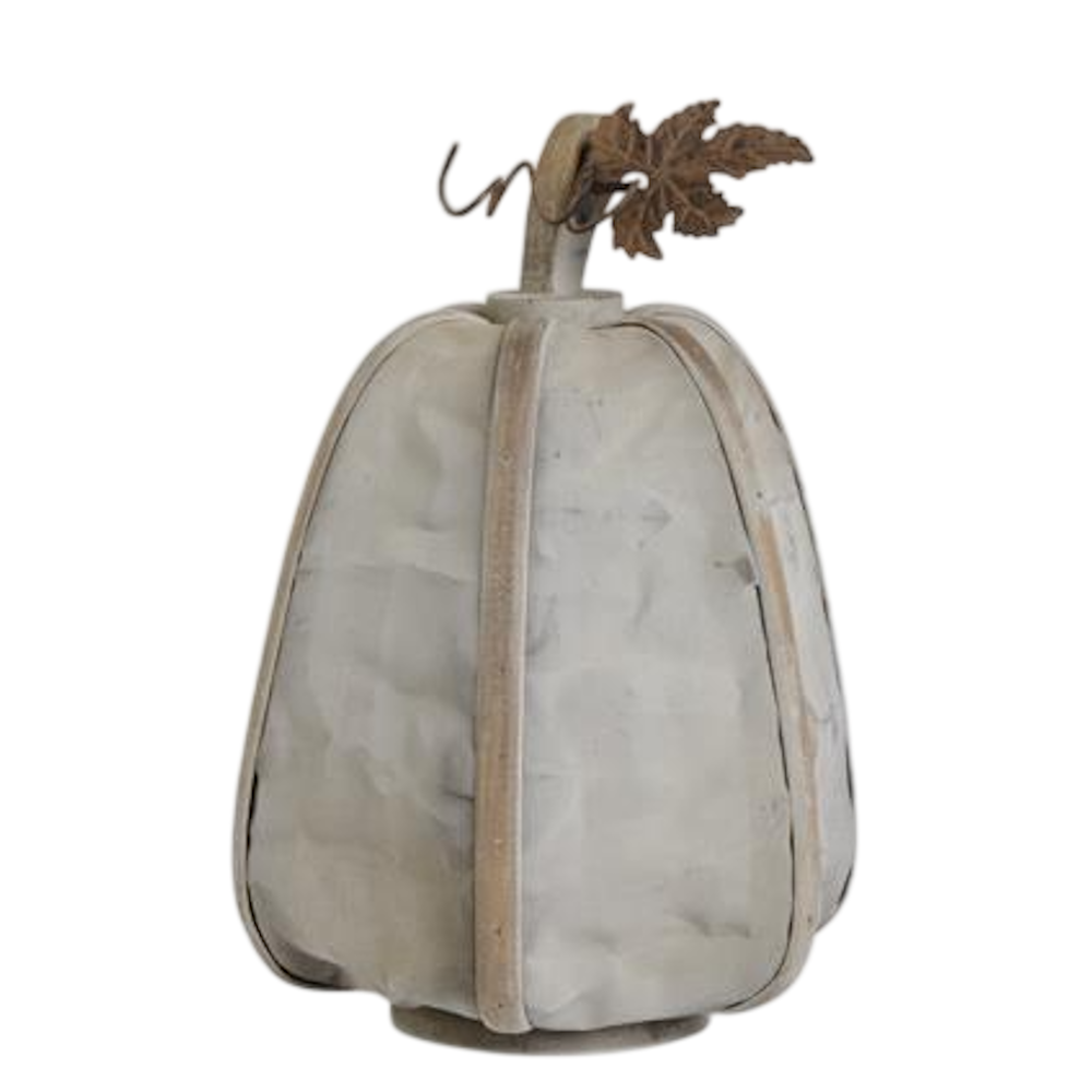 A rustic gray mesh pumpkin decoration featuring light wood ribs, a top stem, and a metal leaf accent.